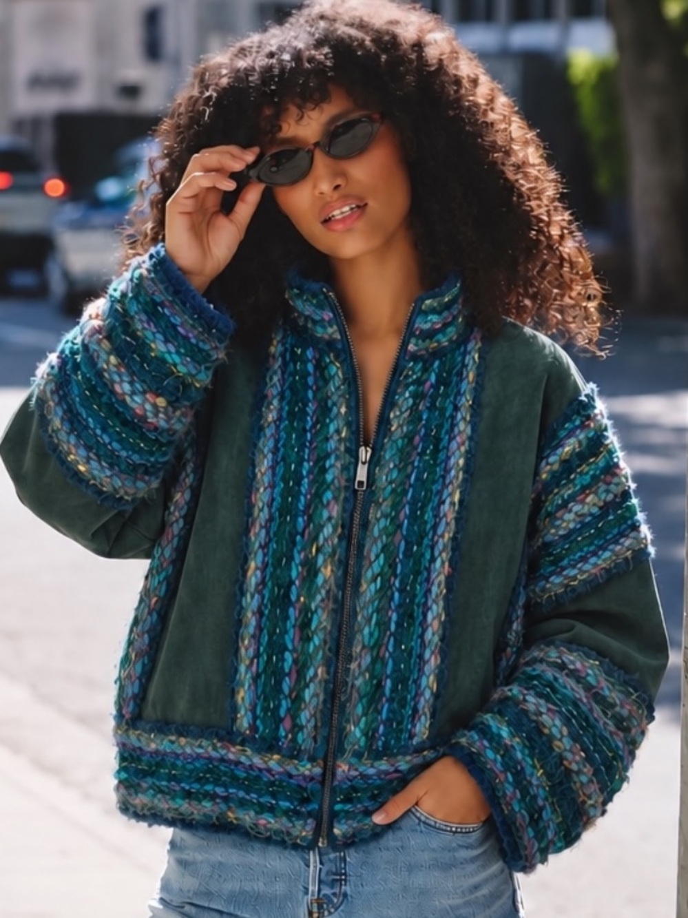 VTG Slouchy Oversized Bohemian Suede & Woven Mohair Patchwork Jacket L